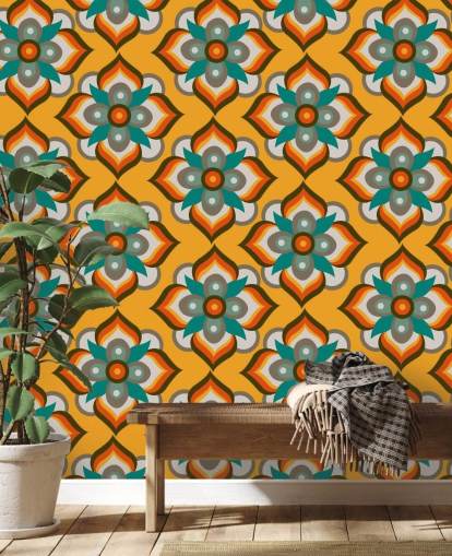 orange Blumen Retro-Tapete