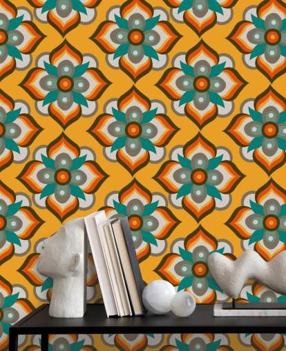 papel pintado retro floral naranja papel pintado retro floral naranja