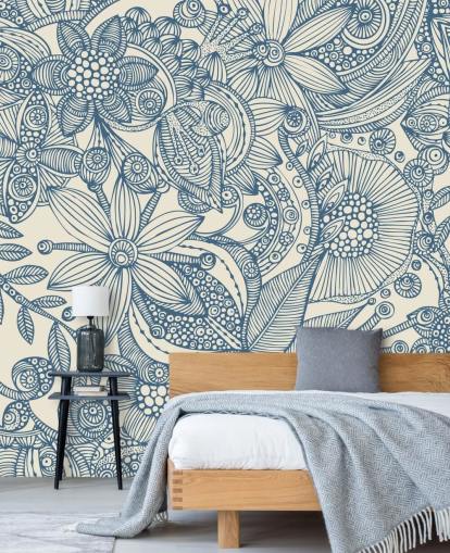peinture murale d'illustration bleue et blanche appelée Flowers and Doodles Blue pour les chambres et les salons