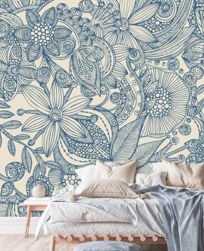 peinture murale d'illustration bleue et blanche appelée Flowers and Doodles Blue pour les chambres et les salons