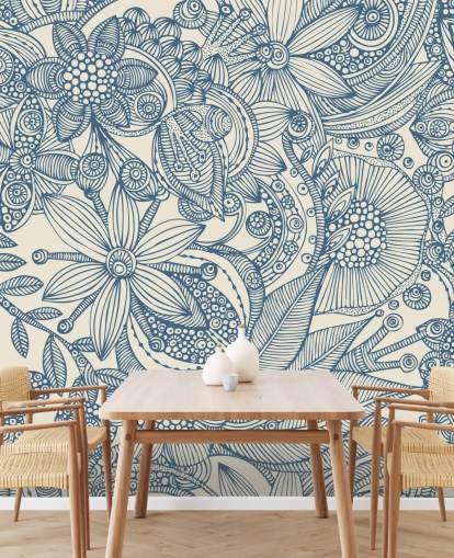 mural de parede de ilustração em azul e branco chamado Flowers and Doodles Blue para quartos e salas de estar mural de parede de ilustração em azul e branco chamado Flowers and Doodles Blue para quartos e salas de estar