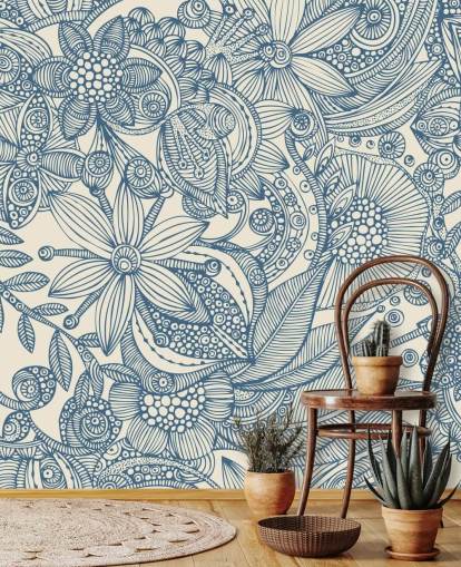 blau-weiße Illustration Wandgemälde namens Flowers and Doodles Blue für Schlafzimmer und Wohnzimmer
