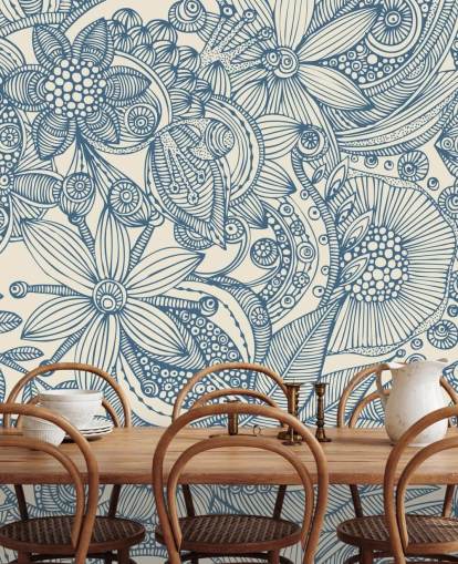 murale illustrativo blu e bianco chiamato Flowers and Doodles Blue per camere da letto e salotti murale illustrativo blu e bianco chiamato Flowers and Doodles Blue per camere da letto e salotti