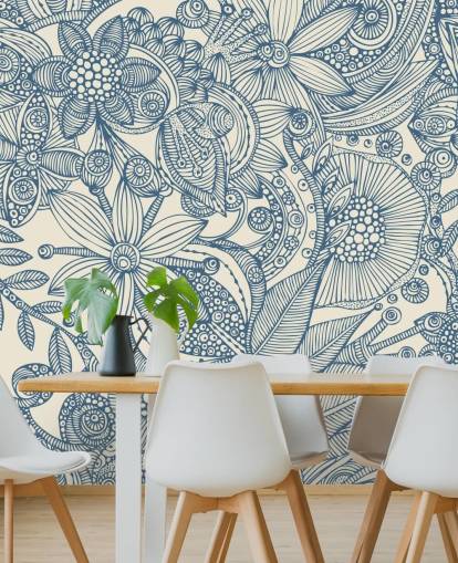 blau-weiße Illustration Wandgemälde namens Flowers and Doodles Blue für Schlafzimmer und Wohnzimmer