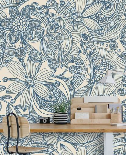 sinivalkoinen kuvitusseinämaalaus nimeltä Flowers and Doodles Blue makuuhuoneisiin ja olohuoneisiin