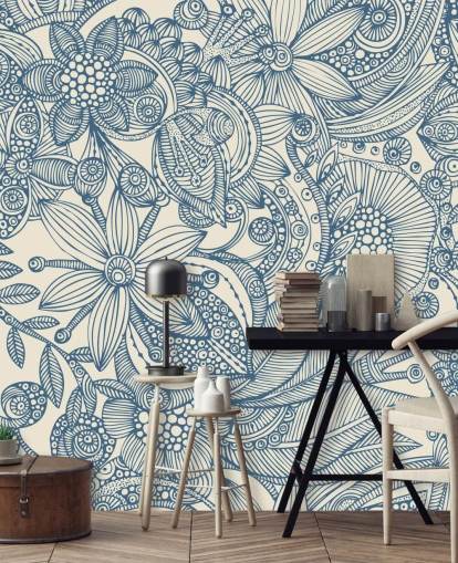 blau-weiße Illustration Wandgemälde namens Flowers and Doodles Blue für Schlafzimmer und Wohnzimmer