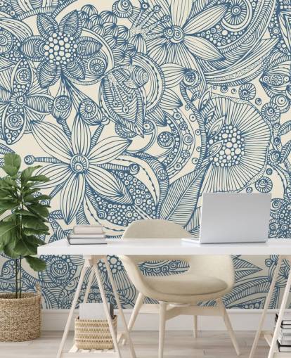 peinture murale d'illustration bleue et blanche appelée Flowers and Doodles Blue pour les chambres et les salons