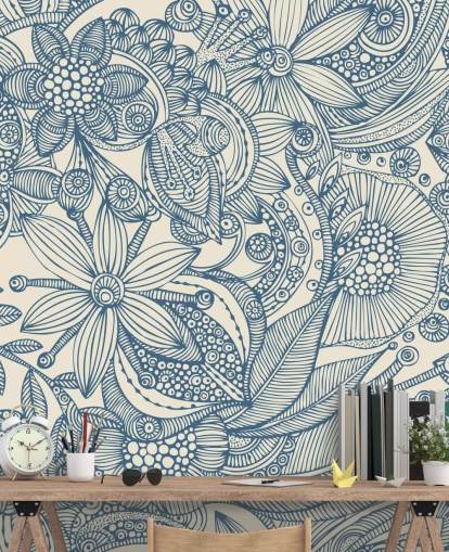blå og hvit illustrasjon veggmaleri kalt Flowers and Doodles Blue for soverom og stuer blå og hvit illustrasjon veggmaleri kalt Flowers and Doodles Blue for soverom og stuer