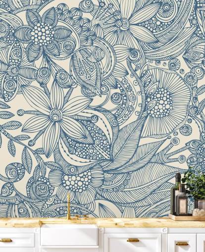 blue and white illustration wall mural called Flowers and Doodles Blue for bedrooms and living rooms blue and white illustration wall mural called Flowers and Doodles Blue for bedrooms and living rooms