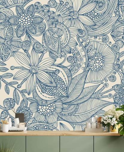 blau-weiße Illustration Wandgemälde namens Flowers and Doodles Blue für Schlafzimmer und Wohnzimmer