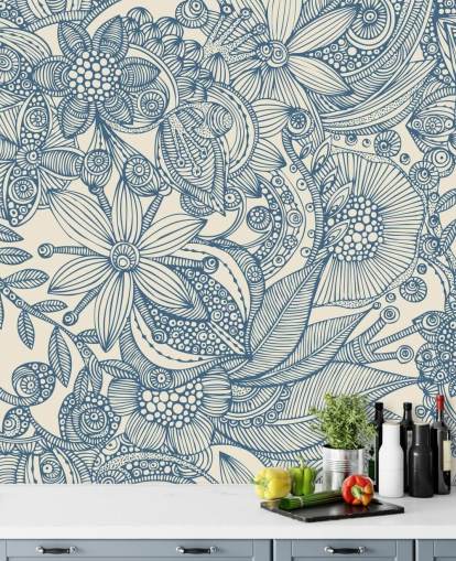 murale illustrativo blu e bianco chiamato Flowers and Doodles Blue per camere da letto e salotti