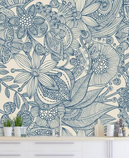 mural de parede de ilustração em azul e branco chamado Flowers and Doodles Blue para quartos e salas de estar