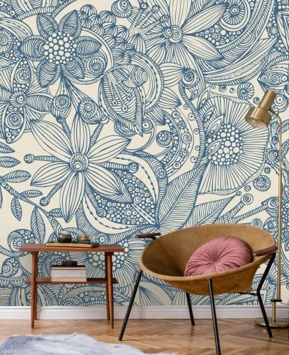 blå og hvid illustration vægmaleri kaldet Flowers and Doodles Blue til soveværelser og stuer