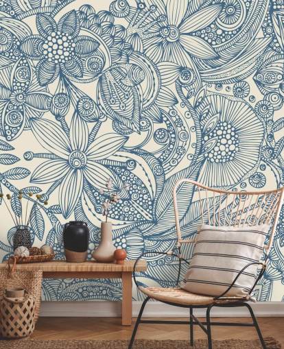 blue and white illustration wall mural called Flowers and Doodles Blue for bedrooms and living rooms blue and white illustration wall mural called Flowers and Doodles Blue for bedrooms and living rooms