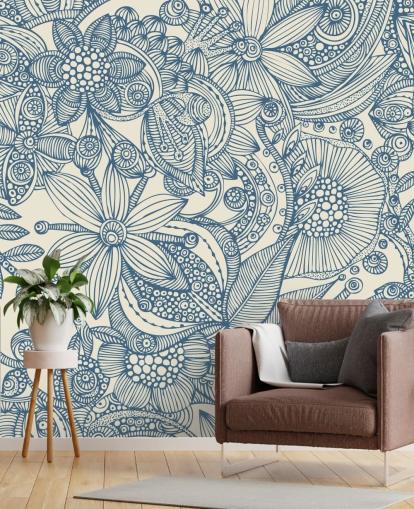 blå og hvid illustration vægmaleri kaldet Flowers and Doodles Blue til soveværelser og stuer