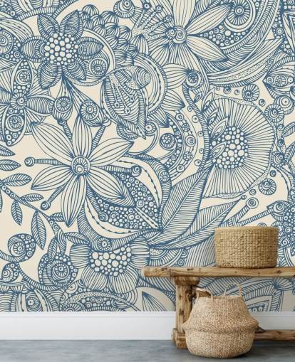 blå og hvit illustrasjon veggmaleri kalt Flowers and Doodles Blue for soverom og stuer blå og hvit illustrasjon veggmaleri kalt Flowers and Doodles Blue for soverom og stuer