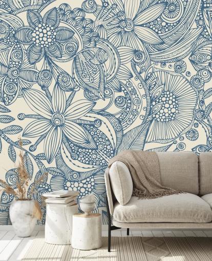 murale illustrativo blu e bianco chiamato Flowers and Doodles Blue per camere da letto e salotti murale illustrativo blu e bianco chiamato Flowers and Doodles Blue per camere da letto e salotti