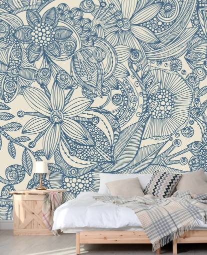 blue and white illustration wall mural called Flowers and Doodles Blue for bedrooms and living rooms