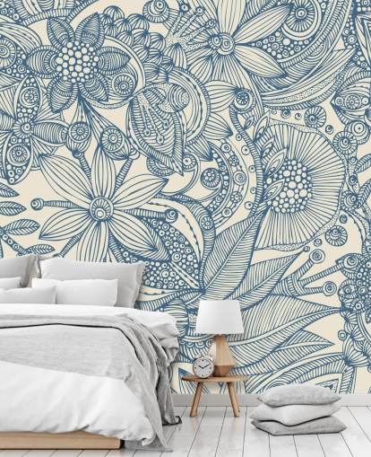 mural de pared ilustrativo azul y blanco llamado Flowers and Doodles Blue para dormitorios y salas de estar