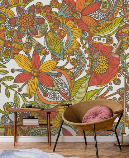 Papel pintado dibujado naranja y rojo