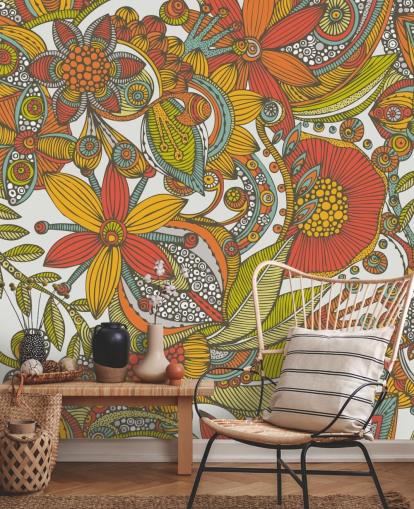 Papel pintado dibujado naranja y rojo