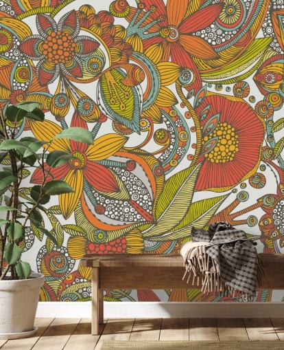 Papel pintado dibujado naranja y rojo