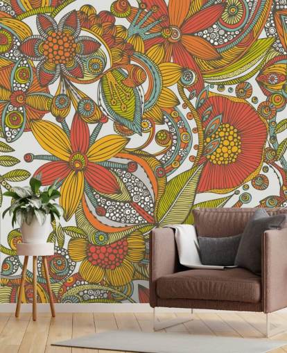 Papel pintado dibujado naranja y rojo