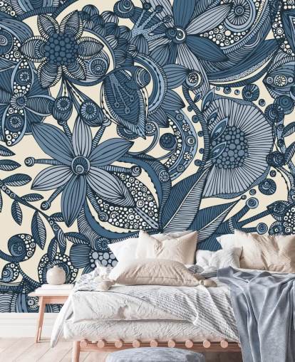 Blå och vita illustrerade blommor Wallpapera