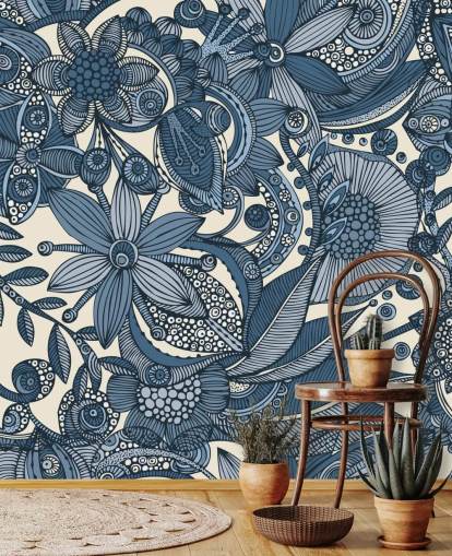 Blauw en wit geïllustreerde bloemen Wallpapera Blauw en wit geïllustreerde bloemen Wallpapera