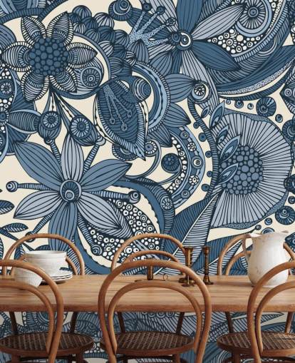 Blå och vita illustrerade blommor Wallpapera