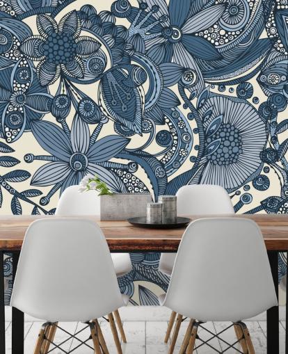 Blue and White Illustrated Flowers Wallpapera