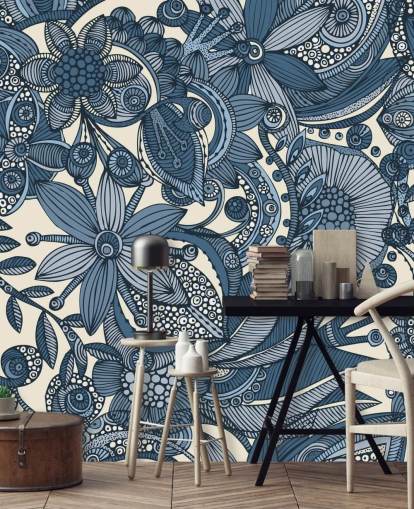 Blå og hvit Illustrert blomster Wallpapera