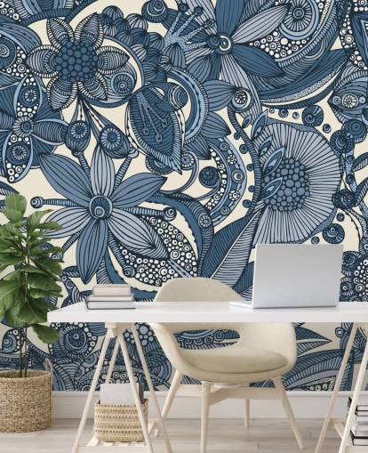 Blå og Hvid Illustreret Blomster Wallpapera