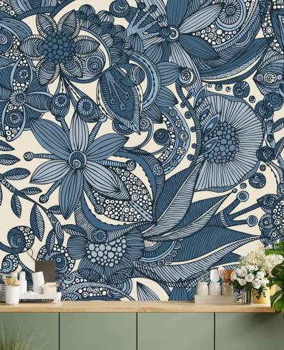 Blue and White Illustrated Flowers Wallpapera