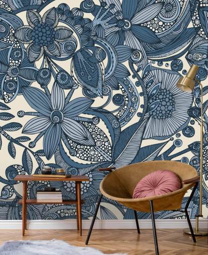 Blå og Hvid Illustreret Blomster Wallpapera Blå og Hvid Illustreret Blomster Wallpapera