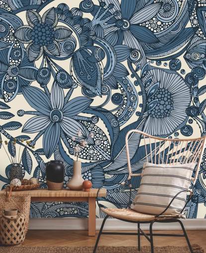 Blue and White Illustrated Flowers Wallpapera Blue and White Illustrated Flowers Wallpapera