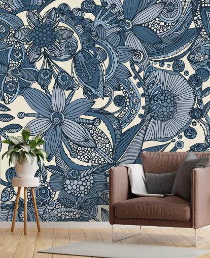 Blue and White Illustrated Flowers Wallpapera