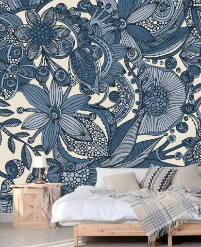 Blauw en wit geïllustreerde bloemen Wallpapera Blauw en wit geïllustreerde bloemen Wallpapera