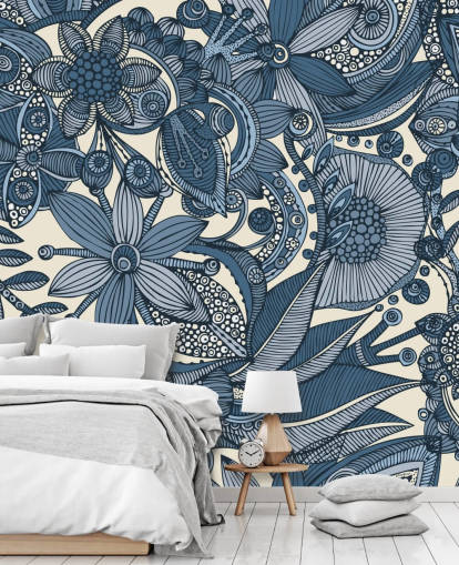 Blue and White Illustrated Flowers Wallpapera Blue and White Illustrated Flowers Wallpapera
