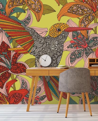 Färgglada ritade Hummingbird väggmålning