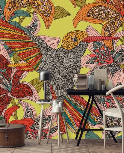 Mural de parede colorido de beija-flor desenhado