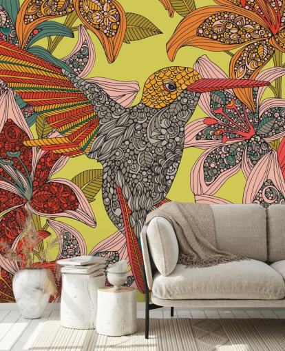 Mural de parede colorido de beija-flor desenhado