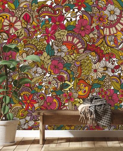 Rainbow Coloured Flower Collage Mural