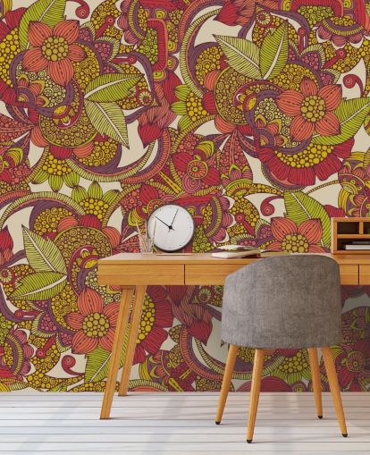 Papel pintado floral morado y rosa