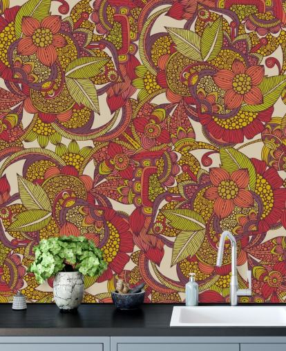 Papel pintado floral morado y rosa