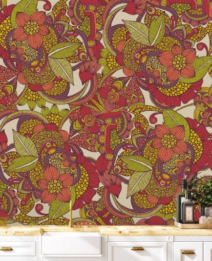 Papel pintado floral morado y rosa