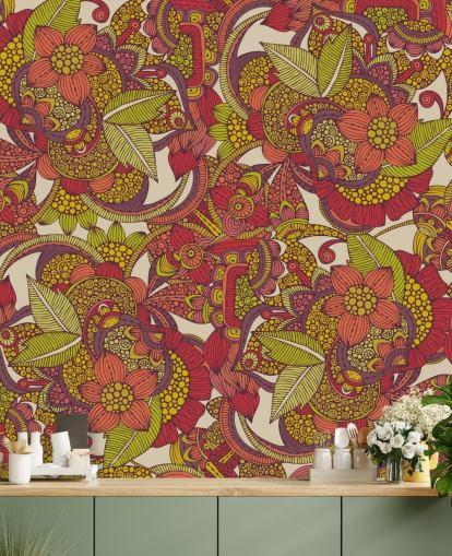 Papel pintado floral morado y rosa