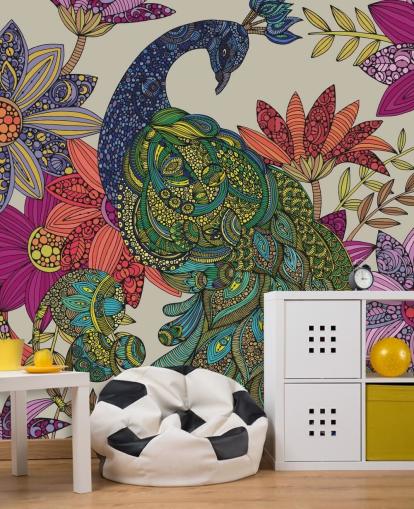 mural flores y pájaros de colores