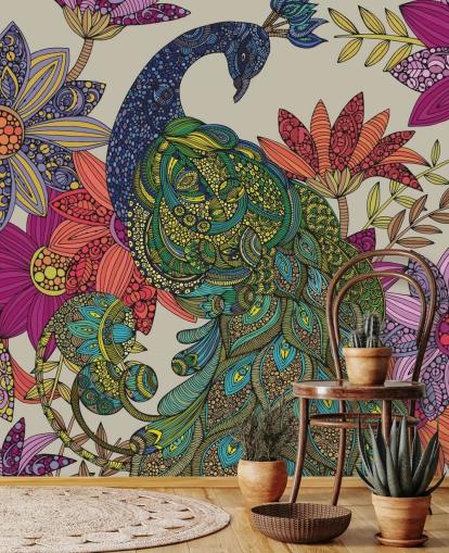 Mural colorido de flores e pássaros