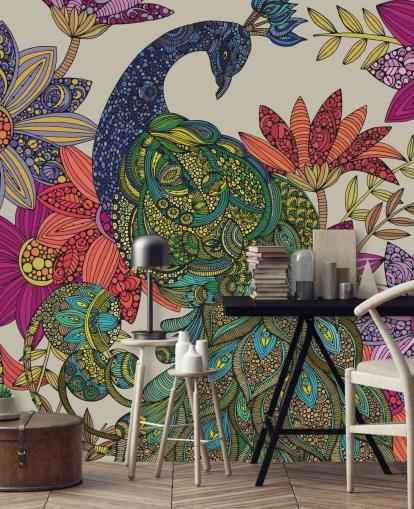 mural flores y pájaros de colores